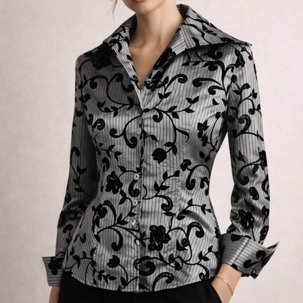 Farinaz Taghavi Satin Stripe Velvet Flocked Floral Blouse Fold Back Collar 4